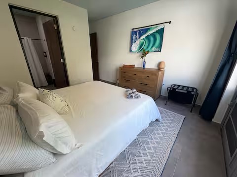 Master bedroom with king bed and surf art